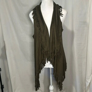 olive green Kori America faux suede fringe vest size medium